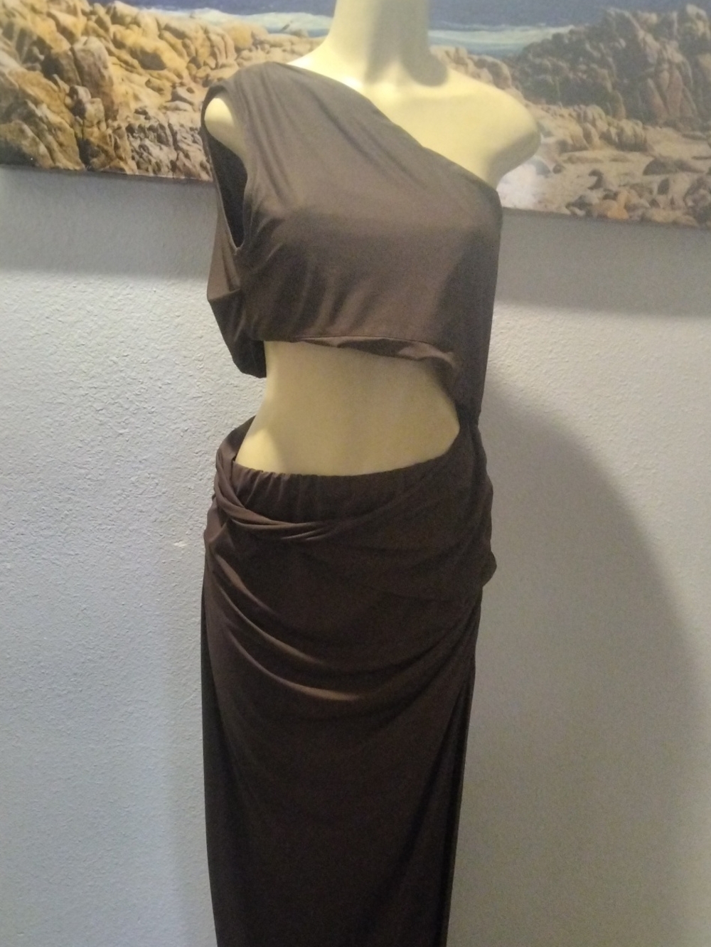 Asymmetrical One-Shoulder Brown Cutout Maxi Dress
